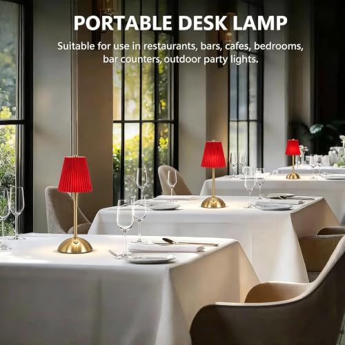Gold Cordless LED Table Lamps, Red Fabric Shade Desk Lamps（Red - color: Red
