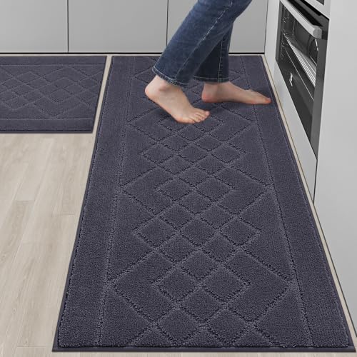BEQHAUSE Kitchen Rugs Set of 2 Non Slip Runner, 24"x36"+24"x60", Dark Grey - color: Dark Grey, size: 24" X 36" + 24" X 60"