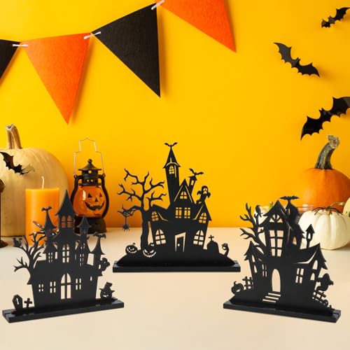 3Pcs Halloween Wooden Table Centerpiece Decorations,Wooden Double-sided Printing Silhouette Sketch Ghost House Decoration Ornaments,Halloween Table Tiered Tray Decor for Indoor Home Kitchen Party