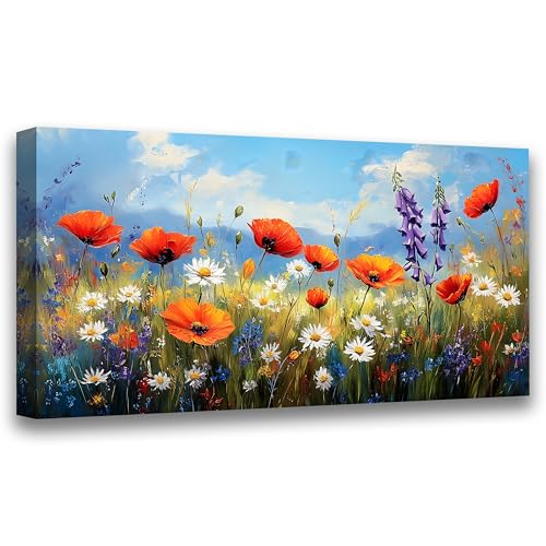 Wildflower Canvas Wall Art, 40x20 Inch Large Poppy Daisy Oil Painting Print, Colorful Floral Landscape Wall Decor, Impressionist Nature Artwork for Living Room Bedroom Office - color: Colored wildflowers, size: 40"L x 20"W