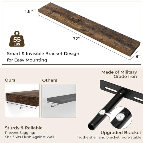RICHFOCUS 72Inch Floating Shelves for Wall 2Pack|Rustic Brown|8" D - color: Rustic Brown, size: 72"L x 8"D, Set of 2
