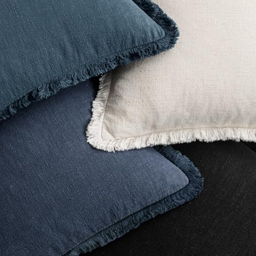 MIULEE Fall Linen Fringe Pillow Covers Set of 4 18x18 Beige/Coastal Blue - color: Coastal Blue, size: 18" x 18" (Pack of 4)