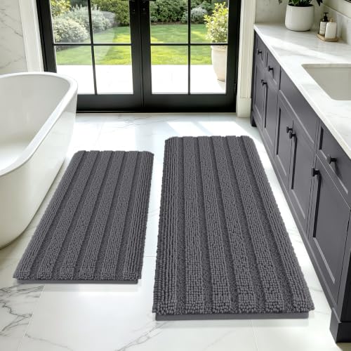 Striped Grey Bathroom Rug Mat Set 2 piece 24"x17"+48"x20" Ultra Soft, Non Slip Chenille Bath Rugs, Absorbent Plush Shaggy Bath Mats for Bathroom, Bedroom, Kitchen, Shower, Tub,Dark Gray, Charcoal - color: Dark Gray, size: 24"x17"+48"x20"