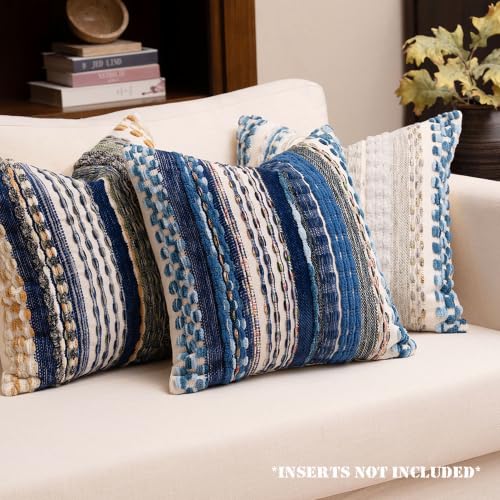 Boho Chenille Tufted Throw Pillow Covers 18x18 Inch Set of 2 Farmhouse Blue Woven Striped Decorative Pillowcases for Couch Sofa Bed - color: Blue