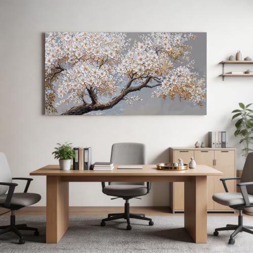 Modern Elegant White Flower Tree Of Life Wall Art For Living Room 24x48 In - color: HX5A, size: 48"L x 24"W