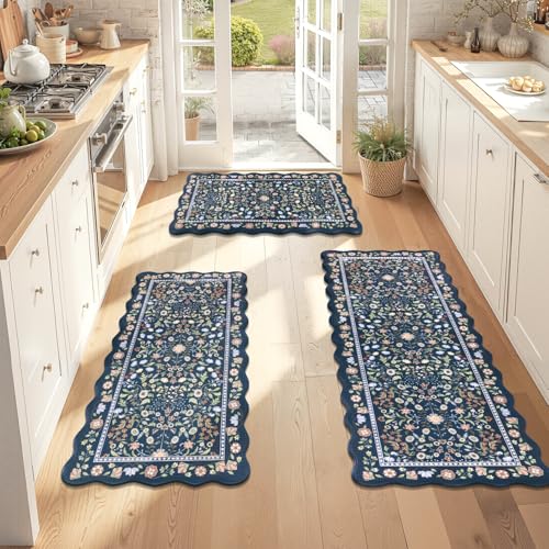 Yamaziot Boho Anti Fatigue Kitchen Rug Set of 3 Scalloped Non-Slip, Blue - color: Blue, size: 17.3"x29"+17.3"x35"+17.3"x47"