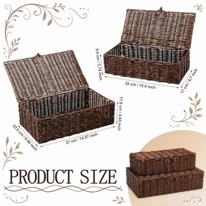 Hushee Set of 2 Wicker Storage Baskets with Lid Woven Wicker Storage Bins Woven Rattan Decorative Boxes with Lid for Shelf Organizer Coffee Table Bathroom Living Room Decor