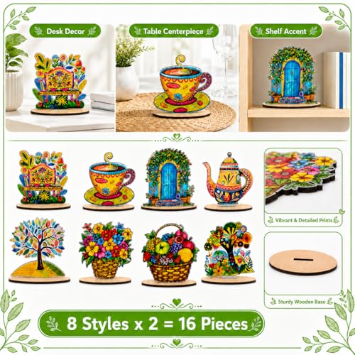 16 Pcs Wooden Table Centerpieces, Tea Party Table Decoration, Flower Teapot Teacup Ornaments for Tiered Tray Birthday Party Baby Shower Wonderland Decoration