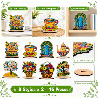 16 Pcs Wooden Table Centerpieces, Tea Party Table Decoration, Flower Teapot Teacup Ornaments for Tiered Tray Birthday Party Baby Shower Wonderland Decoration