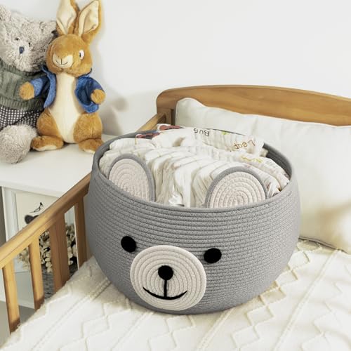 CherryNow Large Baby Basket for Gifts Empty, Cute Bear Design, Light Grey - color: Light Grey, size: 15.7"D x 10.5"H