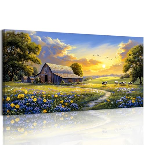 crmotu Rustic Farmhouse Wall Art, Farm Cow Sunset Paintings 20X40 In - color: Cows Farm, size: 40"L x 20"W
