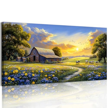 crmotu Rustic Farmhouse Wall Art, Farm Cow Sunset Paintings 20X40 In - color: Cows Farm, size: 40"L x 20"W