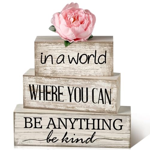 Yuntau 4 Pcs Farmhouse Tiered Tray Decor, Be Kind Block Sign with Flower - style: Flower