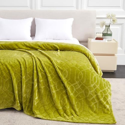 Soft Cozy Fleece Queen Size Blanket, 90x90 Inches – Lightweight Plush Blanket for Bed, Fuzzy 3D Jacquard Design - Olive Green - color: Olive Green, size: Queen (90" x 90")