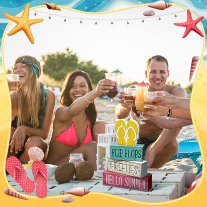 Yuntau 4 Pcs Summer Table Decorations Wood Block Sign Tiered Tray Decor - style: Flip Flops