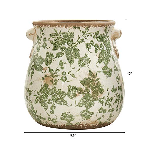 Nearly Natural 10 in Tuscan Ceramic Green Scroll Planter for Home Decor - size: 10in.