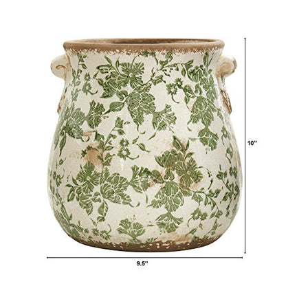 Nearly Natural 10 in Tuscan Ceramic Green Scroll Planter for Home Decor - size: 10in.