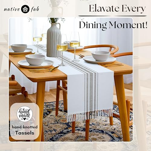 Native Fab Gray Table Runner 72 Inches Long - Boho Striped Table Cover with Fringes - 100% Cotton, Soft, Tight Weave, Non Slip Tablerunner for Dining, Dresser, Wedding - Grey and White (14x72 inches) - color: Gray White, size: 14x72