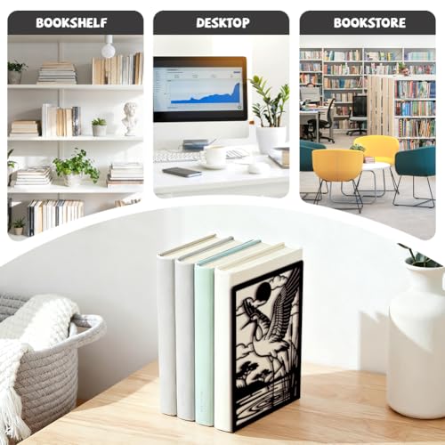 Peacoblue 5.3"x4.3"x7.9" Metal Bookends, Heavy Duty Book Ends for Shelves - style: Cranes by Pond with Reeds