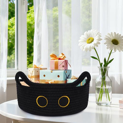 Black Cat Toy Basket for Nursery,Small Cute Cat Oval Woven Rope Basket - color: Black, size: 12"D x 5"H IN