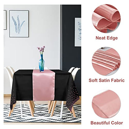 8Pack Disposable Plastic Tablecloths and Satin Table Runner Set Black and Rose Gold Dot Tablecloth Gold Satin Table Runner for Wedding Birthday Baby Shower Anniversary Christmas New Year Party Supply - color: Black and Rose Gold, size: 8 Pack