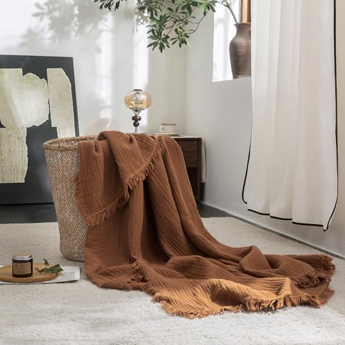 FOSSA Muslin Blanket 4-Layer 100% Cotton Gauze Blanket with Fringe 66"x90" - color: Dark Orange, size: Twin XL (66" × 90")