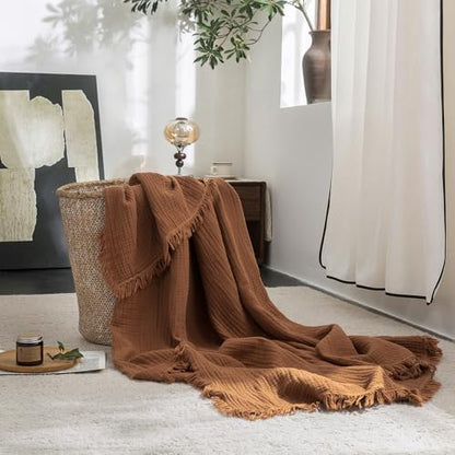 FOSSA Muslin Blanket 4-Layer 100% Cotton Gauze Blanket with Fringe 50"x60" - color: Dark Orange, size: Throw (60" × 50")
