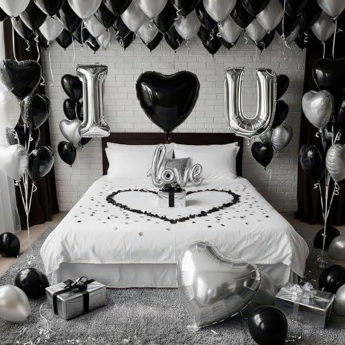 I Love You Balloons for Him/Her Balloons Black and silver romantic balloon kit with heart LOVE mylar balloons Black rose petals for hotel Dec orations Valentines Party wedding anniversary supplies - color: Black and Silver