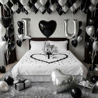 I Love You Balloons for Him/Her Balloons Black and silver romantic balloon kit with heart LOVE mylar balloons Black rose petals for hotel Dec orations Valentines Party wedding anniversary supplies - color: Black and Silver