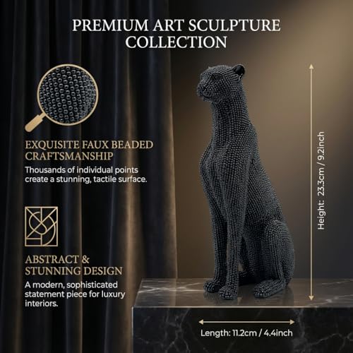 Cheetah Statue Home Decor, Leopard Figurine with Beaded Texture, Modern Panther Sculpture for Living Room Office Bookshelf, Gold Silver Blue Black Decorative Ornament Gift（Black） - color: Black