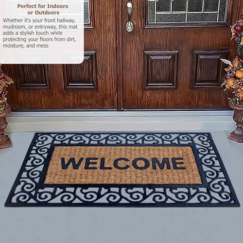 Gardenised Natural Coir and Non-Slip Rubber Doormat with Embossed Welcome Design Coconut Fiber Floor Mat for Front Door Porch Patio Entryway Garage Mudroom & Use 18x30, Warm Welcome