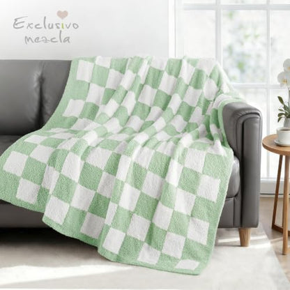 Exclusivo Mezcla Checkered Knit Throw Blanket for Couch, Sage Green - color: Sage Green, size: Throw (50"x60")