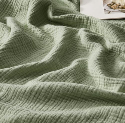 WDCOZY Muslin Blanket 100% Cotton Blankets Queen Size 4-Layer Breathable Lightweight Soft for Couch Boho Farmhouse Linen Tassels Ruffle Gauze Blankets 90x90 Inches Sage Green - color: Sage Green, size: Queen (90"x90")
