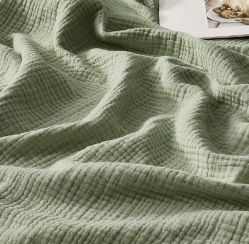 WDCOZY Muslin Blanket 100% Cotton Blankets Twin Size 4-Layer Breathable Lightweight Soft for Couch Boho Farmhouse Linen Tassels Ruffle Gauze Blankets 60x80 Inches Sage Green - color: Sage Green, size: Twin (60"x80")