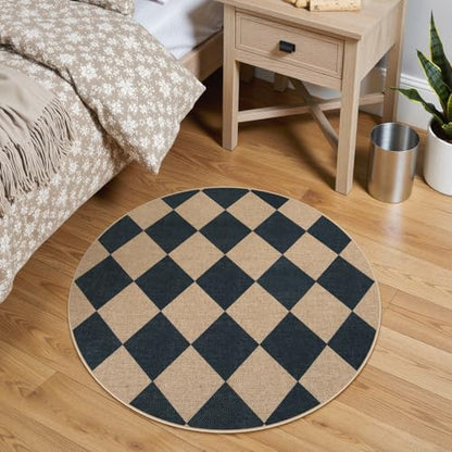 Lahome Checkered Easy Jute Round Rug 3ft, Outdoor Entryway Rug Washable - color: Black/Checkerboard -2, size: 3' Round
