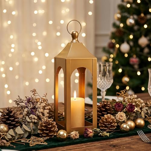 Modern Farmhouse Lantern Decor Metal Decorative Hanging Candle Lanterns - size: Medium-Golden