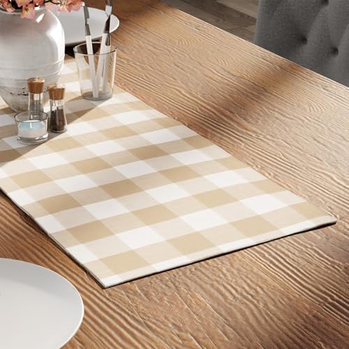 Encasa XO Table Runner, Woven Cotton Dining Linens 13"x36" Beige - color: Buffalo Beige Checks, size: 13x36 in