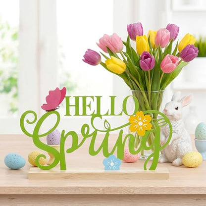 Roowest Metal Hello Spring Table Decor Sign with Wooden Base - style: Spring