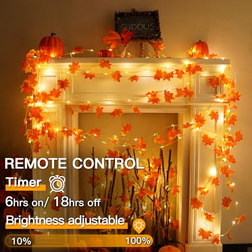 suddus 33 FT 100 LED Fall Garland with Lights Battery Operated Copper Wire - color: Maple, size: 100 LED-Battery