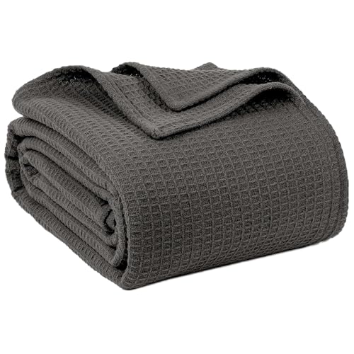100% Cotton Blankets for Bed - Waffle Weave Blankets for Summer, Lightweight and Breathable Soft Woven Blanket for Spring (Dark Grey, King (90" x 108")) - color: Dark Grey, size: King (90" x 108")