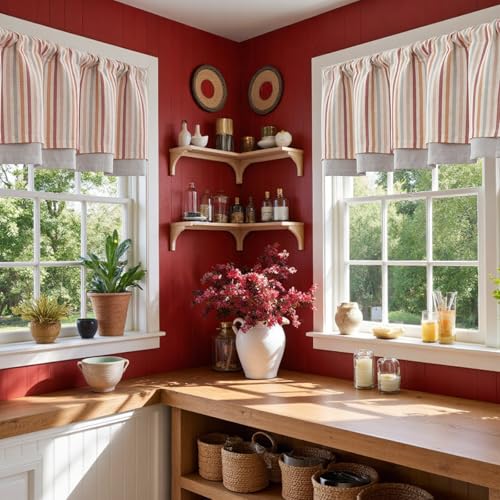 jinchan Stripe Linen Kitchen Valance Curtain, 50x18, 1 Panel, Multi Red - color: Boxter Striped | Multi Red on Linen, size: 50"W x 18"L (Pack of 1)