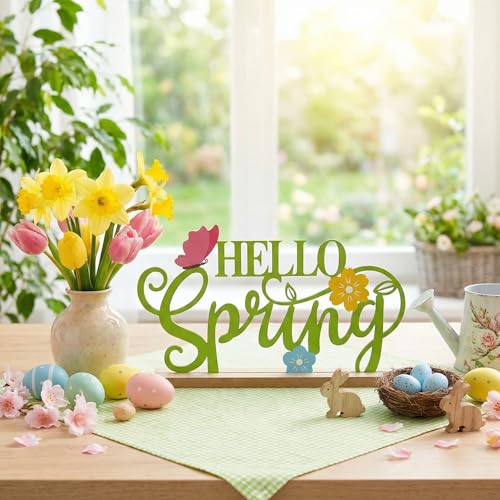 Roowest Metal Hello Spring Table Decor Sign with Wooden Base - style: Spring