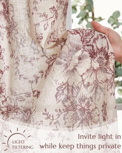jinchan Red Floral Kitchen Tier Curtains Alice 36 Inches Tie Top 2 Panles - color: Alice Red on Linen, size: 26"W x 36"L (Pack of 2)
