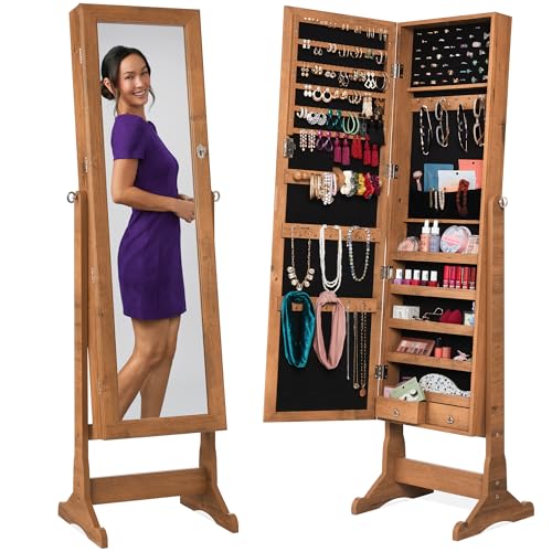 Best Choice Products Freestanding Jewelry Armoire Cabinet, Full Length Standing Mirror, Lockable Makeup Storage Organizer, w/Velvet Lining, 3 Angles, Lock, Accessory Pouch, 5 Shelves - Rustic Brown - color: Rustic Brown