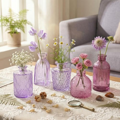 Set of 15 Purple Glass Bud Vases Small Textured Flower Vases - color: Purple