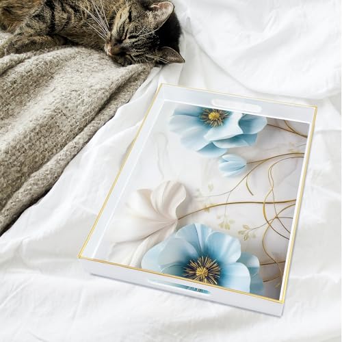 Serving Tray with Handles, 15.7 * 11.8 inches, Plastic Ottoman Tray with Exquisite Paintings, Trays for Coffee Table - color: Blue Flower
