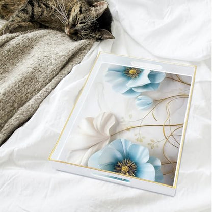 Serving Tray with Handles, 15.7 * 11.8 inches, Plastic Ottoman Tray with Exquisite Paintings, Trays for Coffee Table - color: Blue Flower