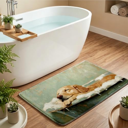 Sage Green Golden Retriever Bath Mat,Retro Dog Bathroom Rug