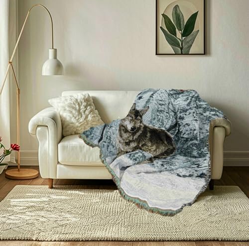 Woodlands Wolf Lodge Woven Tapestry Throw Blanket 50"x60" - color: Wolf
