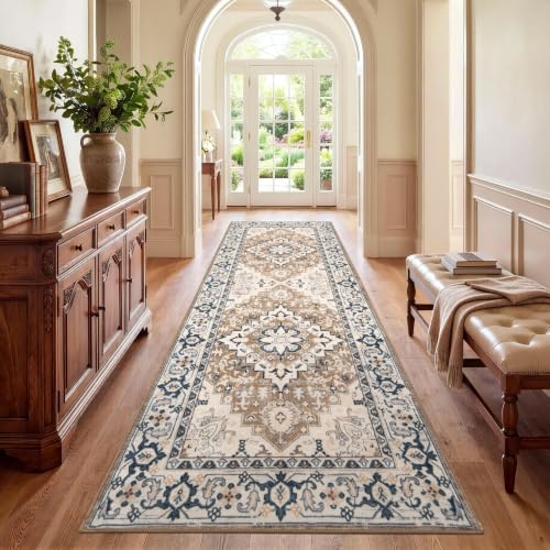 Lofus 3x8 Hallway Kitchen Washable Runner Rug, Boho Entry Long Carpet Brown - color: Floral Brown, size: 3' x 8' (Runner)